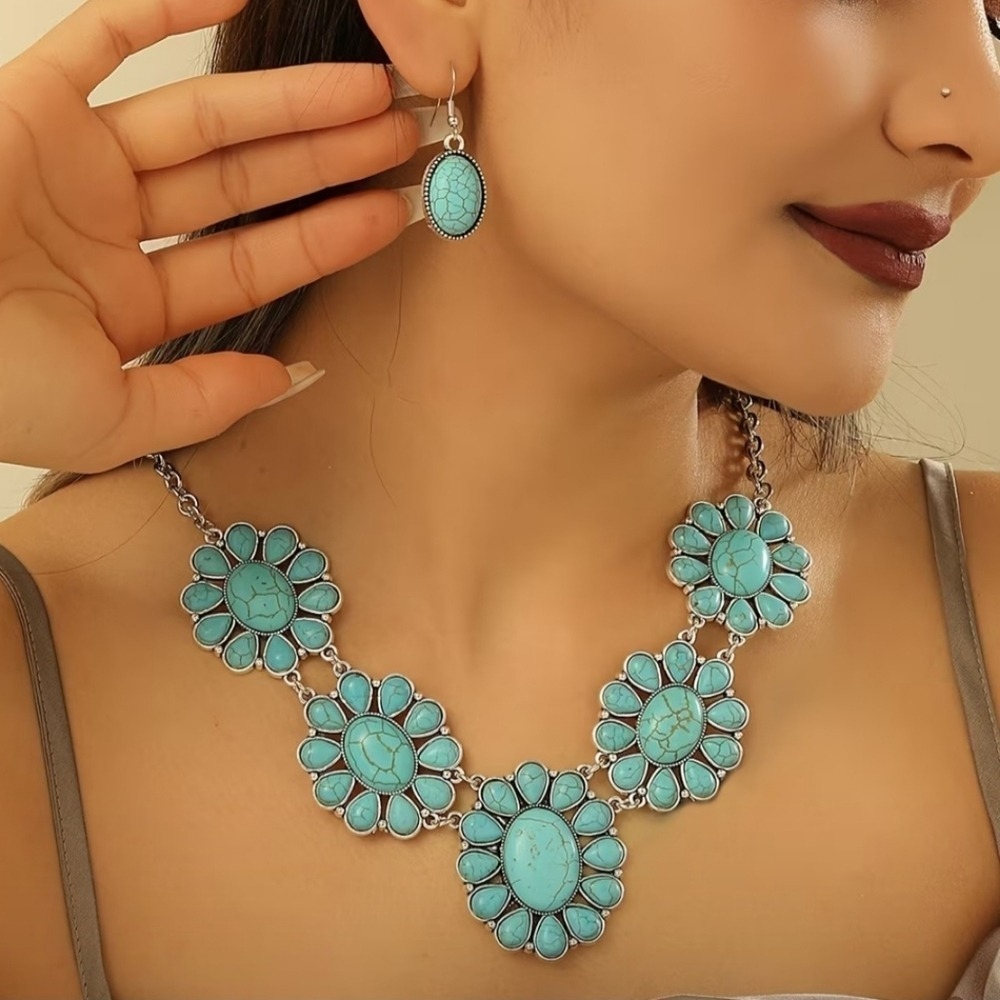 Turquoise Jewelry Set Womens Floral Statement Necklace Earrings Combo Bohemian‎